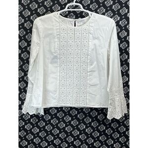 GAP Women's White Cotton Long Bell Sleeve Eyelet Blouse XL